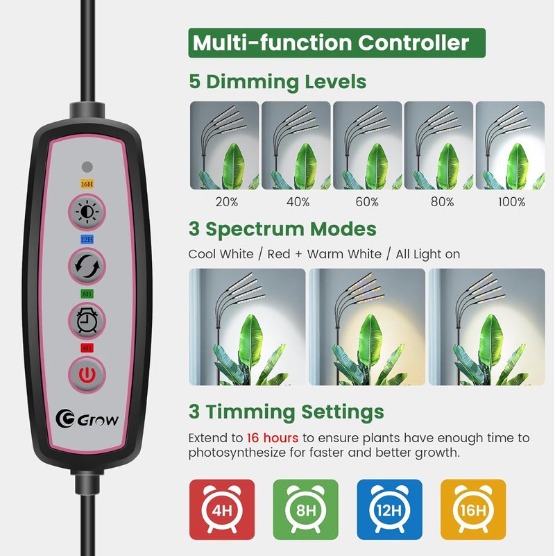 Kullsinss Grow Lights for Indoor Plants with Stand, 4-Heads Full Specturm Plant Grow Light with 4/8/12/16H Timer, 3 Color Modes, 360° Flexible Gooseneck, 24-68.7in Hight Adjustable Grow Lamp, Black - Image 5